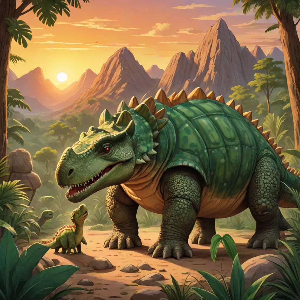 a dinosaur and a baby dinosaur in a jungle setting with mountains in the background and trees in the foreground, sots art, a storybook illustration, Adam Rex, official art