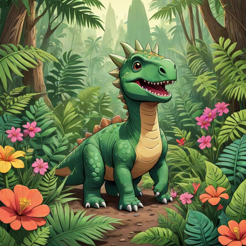 a green dinosaur in a jungle with flowers and plants around it's neck and a smiling face on its face, fantasy art, a storybook illustration, Adam Rex, storybook illustration