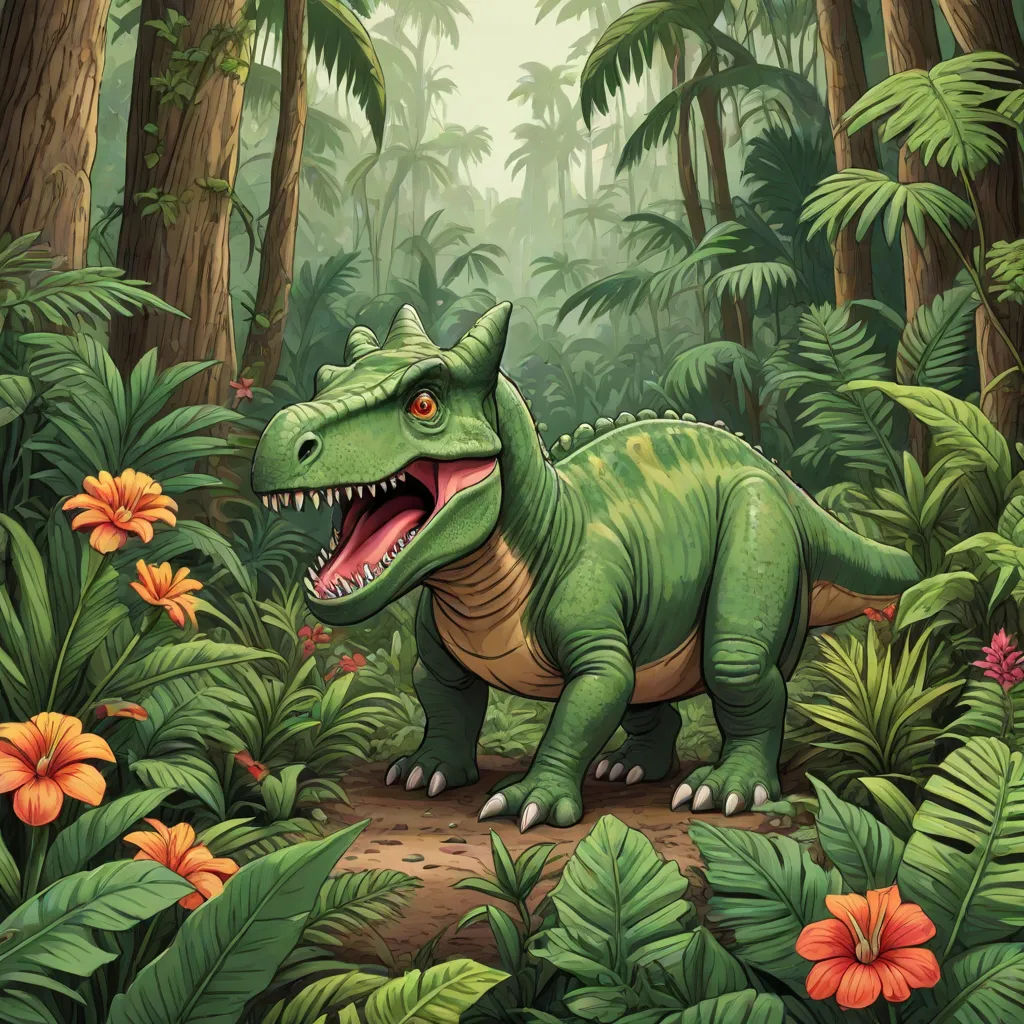 a dinosaur in the jungle with flowers and trees around it's neck and mouth open, with a large open mouth, sumatraism, a storybook illustration, Adam Rex, highly detailed digital painting