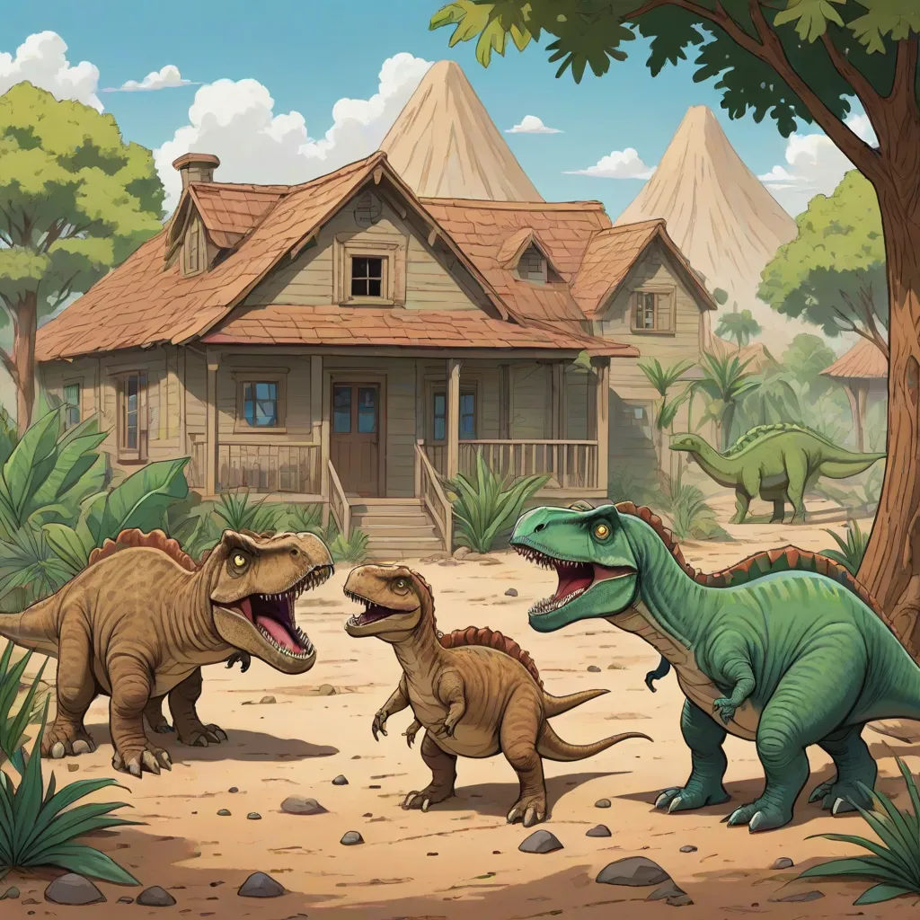 a group of dinosaurs in front of a house with a tree and bushes in front of it and a house in the background, primitivism, a storybook illustration, Adam Rex, storybook illustration