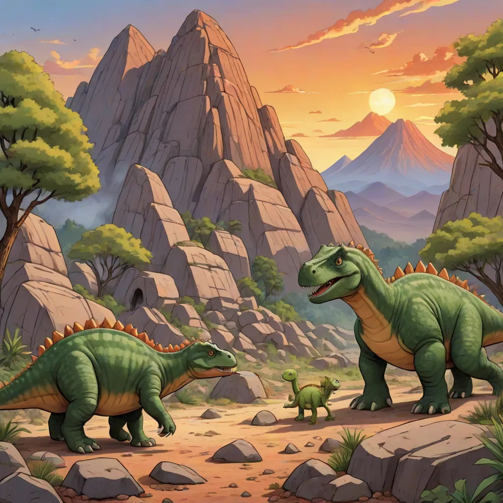 a painting of a mother dinosaur and her baby dinosaur in a rocky landscape with a mountain in the background, fantasy art, concept art, Adam Rex, official art