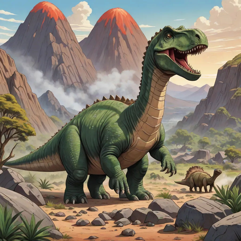 a dinosaur in a desert with mountains in the background and clouds in the sky above it, and a few other dinosaurs in the foreground, altermodern, an illustration of, Chris LaBrooy, magic the gathering artwork