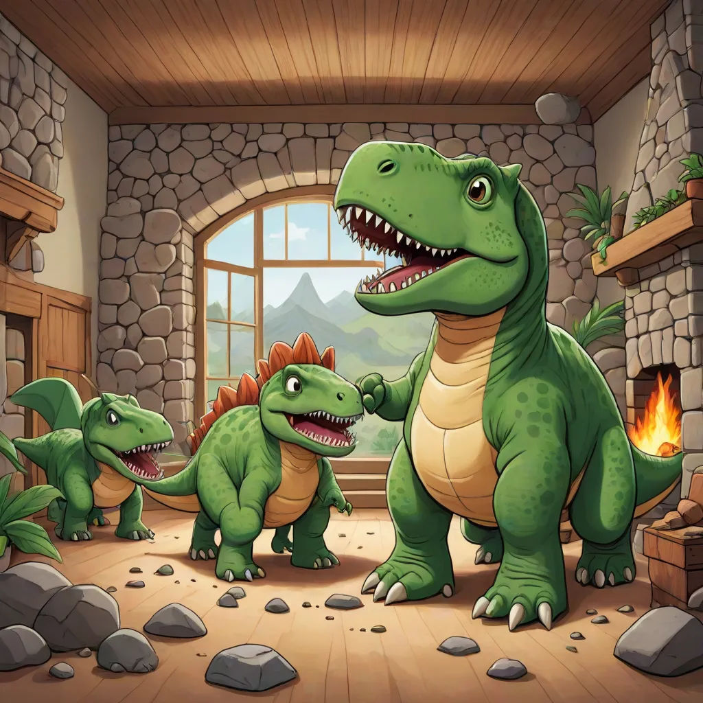 a group of dinosaurs in a room with a fireplace and a window with a mountain view behind them and a fire place, sots art, a storybook illustration, Adam Rex, hearthstone