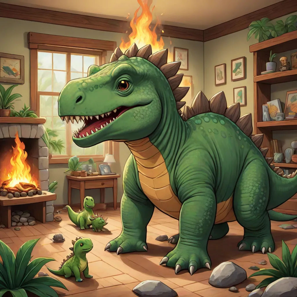 a dinosaur in a living room with a fire place in the background and a fireplace in the middle of the room, altermodern, a storybook illustration, Adam Rex, official art