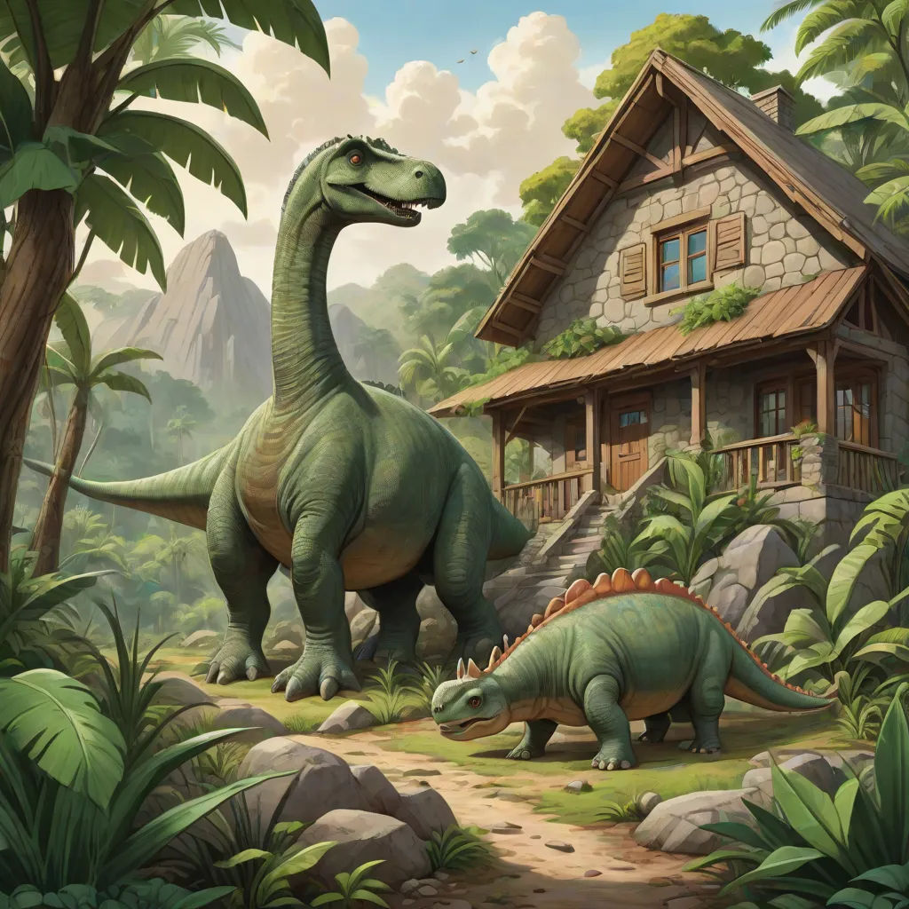 a painting of two dinosaurs in front of a house in the jungle with a mountain in the background and a house in the background, american scene painting, a storybook illustration, Chris LaBrooy, official art