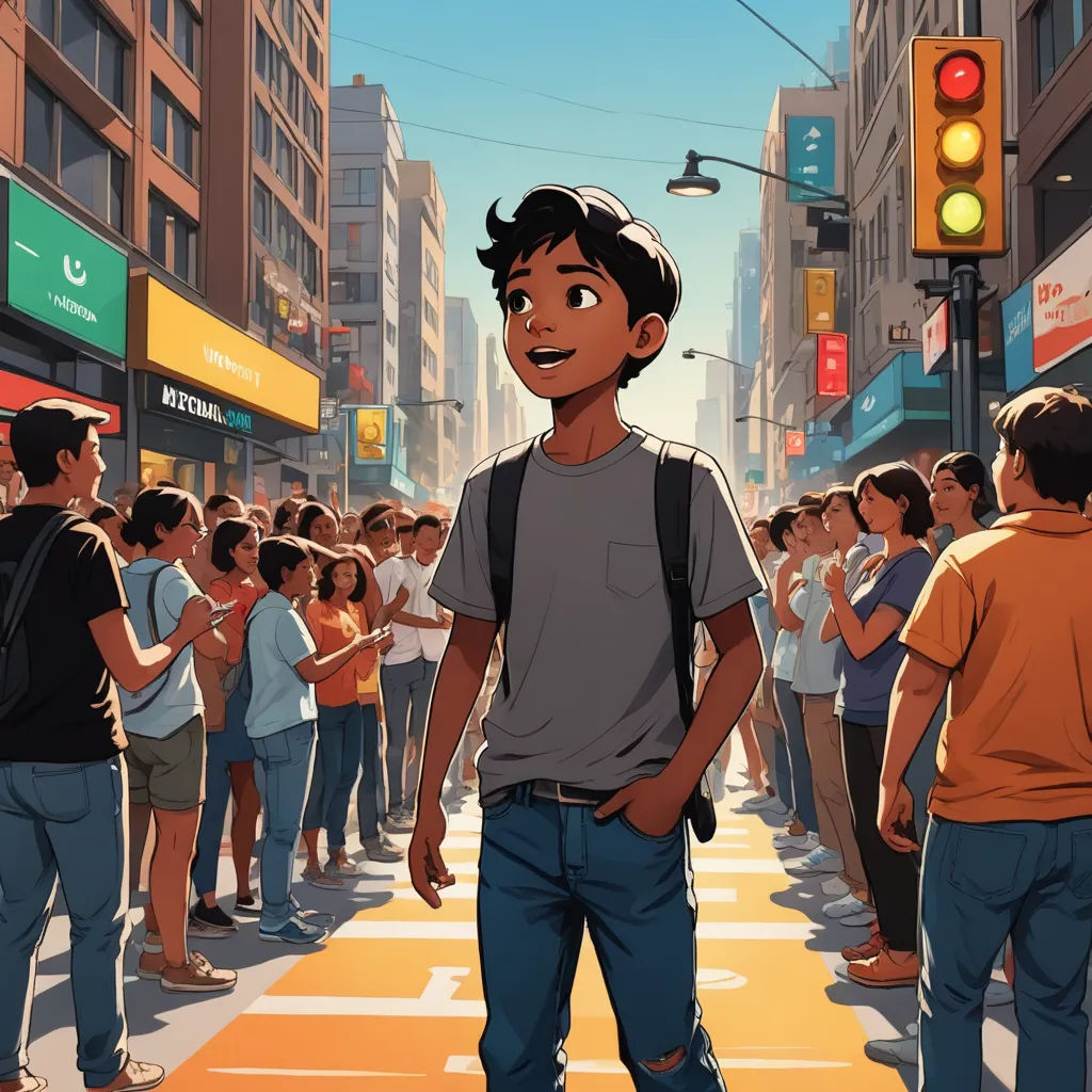a man standing in the middle of a street with a crowd of people behind him and a traffic light, american scene painting, a comic book panel, Asaf Hanuka, comic cover art