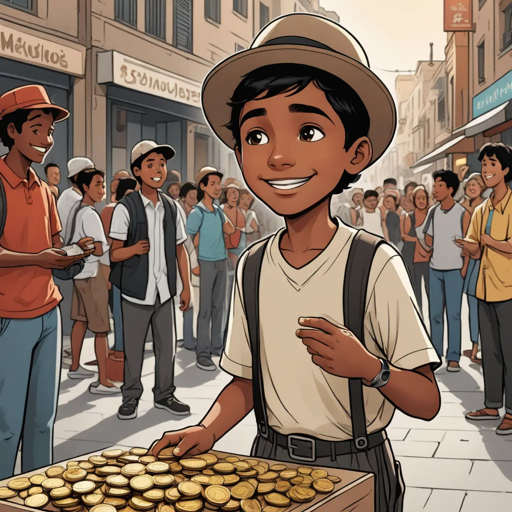 a cartoon of a man holding a box of gold coins in front of a crowd of people on a city street, magical realism, a storybook illustration, Asaf Hanuka, graphic novel