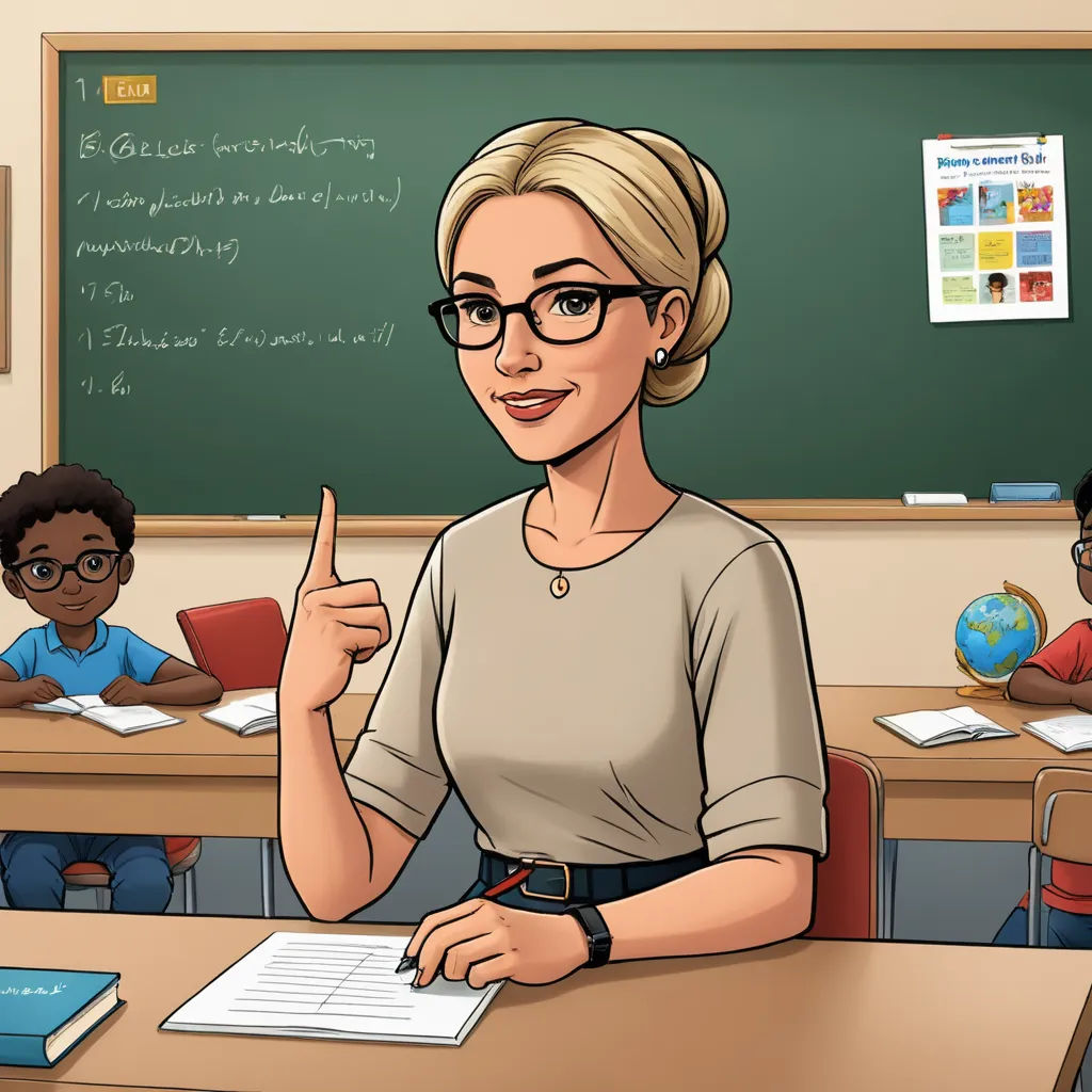a cartoon of a teacher giving a thumbs up in front of her class room with children sitting at desks, serial art, computer graphics, Evelyn Abelson, promotional image