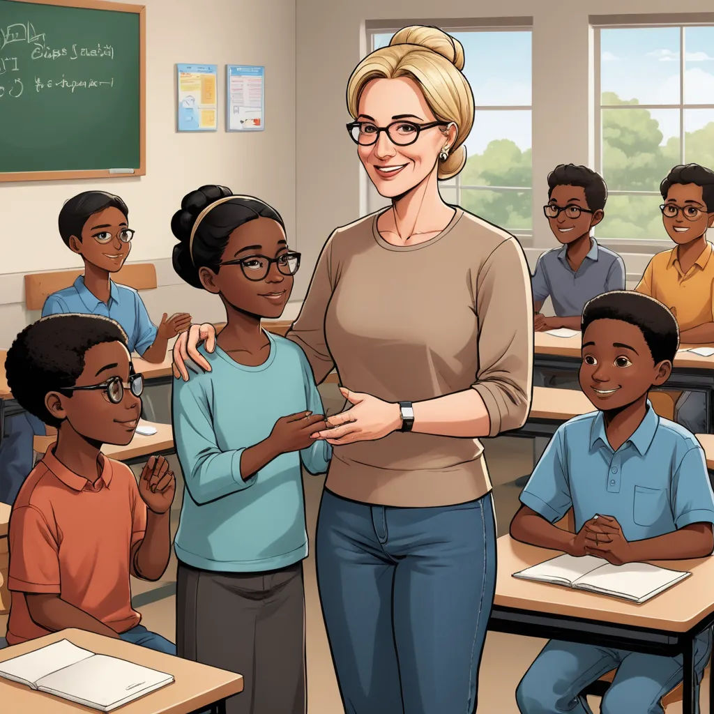 a woman teacher standing in front of a class of children in a classroom with a chalkboard on the wall, american scene painting, a storybook illustration, Evelyn Abelson, graphic novel