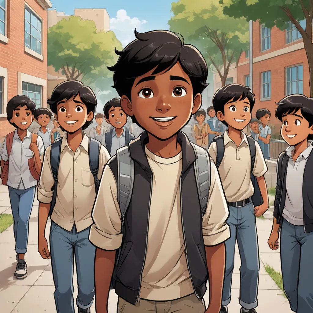 a cartoon of a boy standing in front of a group of boys on a sidewalk with a backpack on, vancouver school, a comic book panel, Cliff Childs, graphic novel