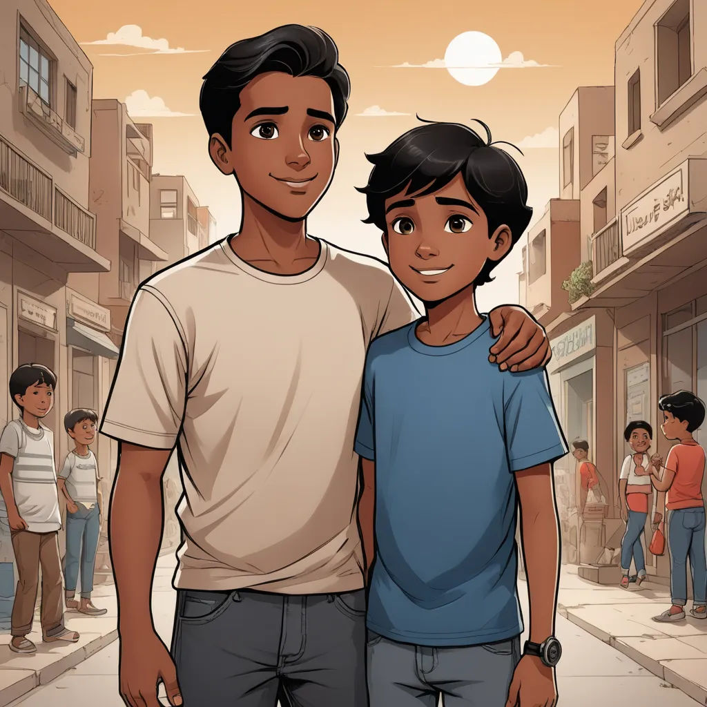 a couple of people standing next to each other on a street near a building and people standing around the street, hurufiyya, a comic book panel, Fathi Hassan, comic cover art