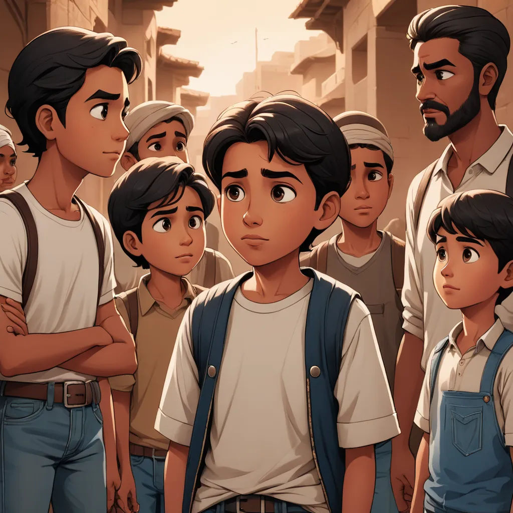 a group of people standing next to each other in a city street with buildings in the background and a man with a backpack on his shoulder, hurufiyya, a storybook illustration, Altoon Sultan, graphic novel