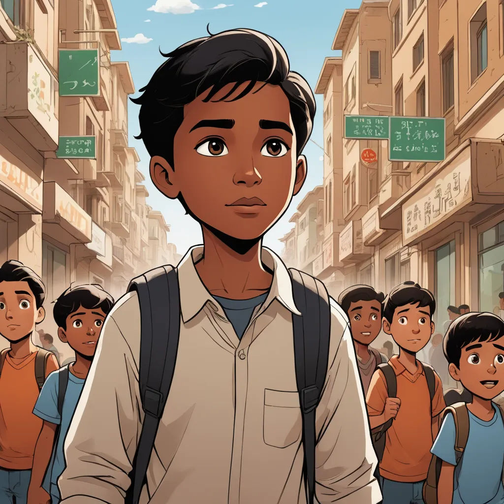 a cartoon of a boy standing in front of a group of people in a city street with signs above him, hurufiyya, a comic book panel, Asaf Hanuka, graphic novel