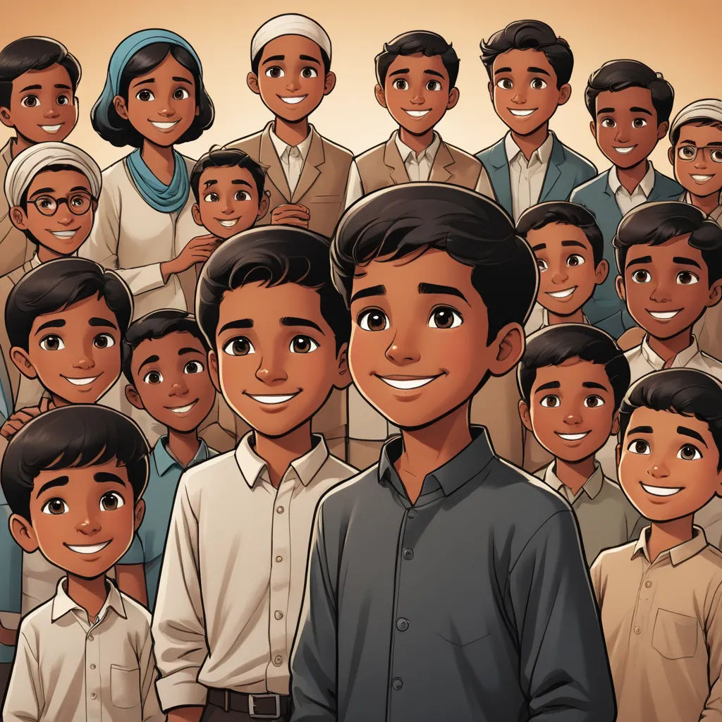 a group of people standing next to each other in front of a brown background with a man in the middle, hurufiyya, a storybook illustration, Fathi Hassan, comic cover art
