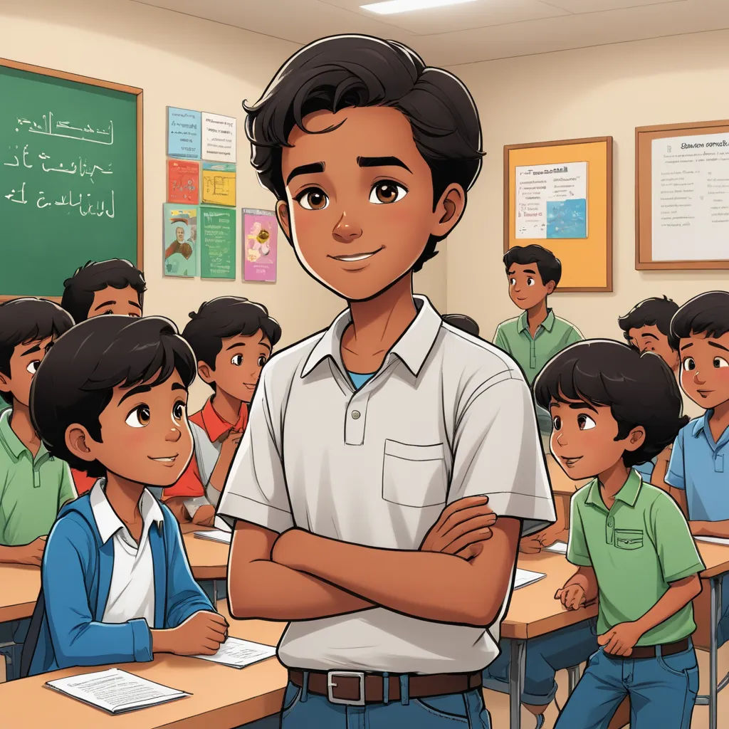 a boy standing in front of a classroom full of students with his arms crossed and his arms crossed in front of him, hurufiyya, a storybook illustration, Fathi Hassan, official art
