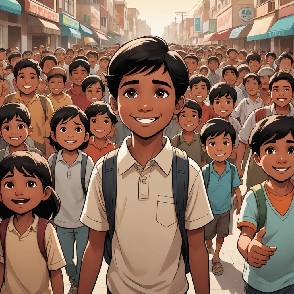 a cartoon of a boy standing in front of a crowd of people in a city street with buildings and stores, samikshavad, a storybook illustration, Asaf Hanuka, graphic novel