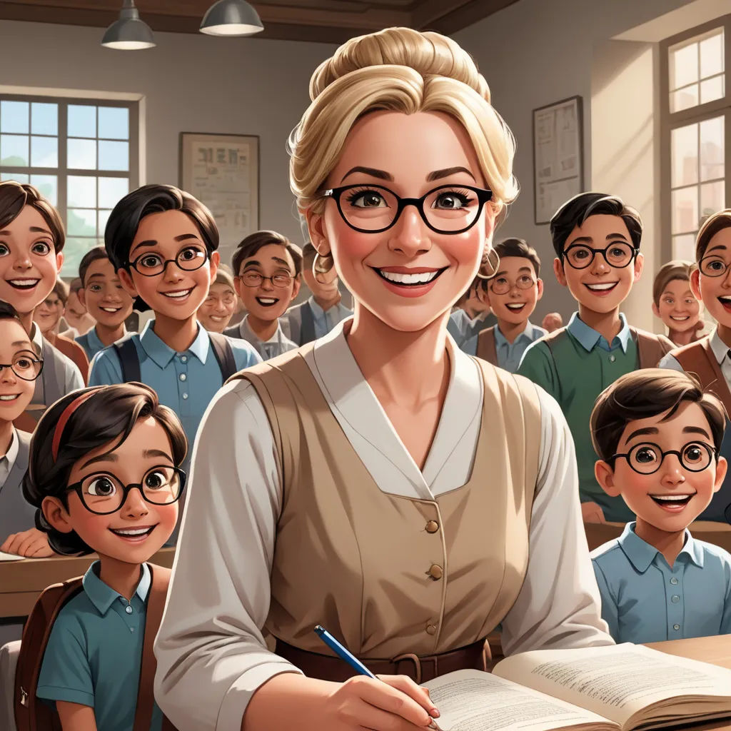 a cartoon of a woman sitting at a desk with a book and pencil in front of her and a group of children behind her, paris school, a storybook illustration, Anne Said, official art