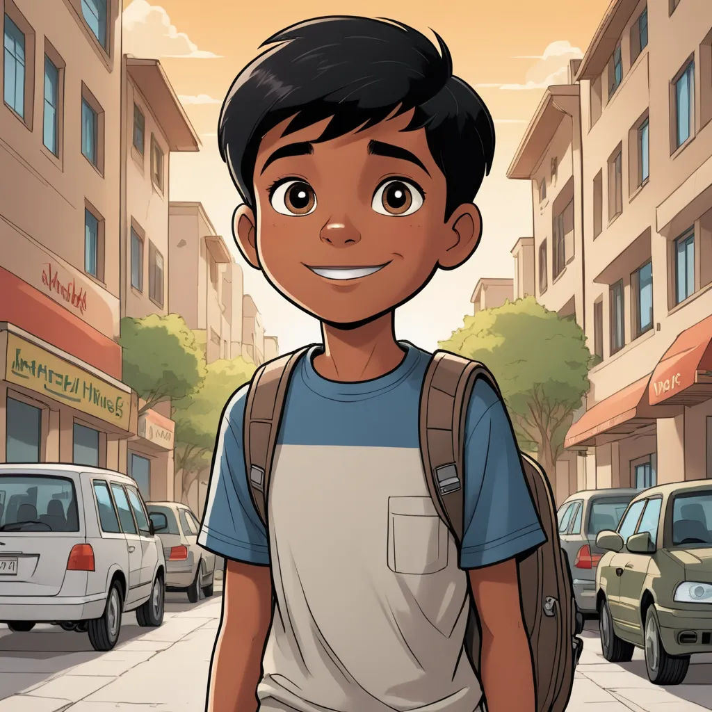 a cartoon boy with a backpack on a city street with cars and buildings in the background and a street sign in the foreground, hurufiyya, a comic book panel, Eddie Mendoza, comic cover art