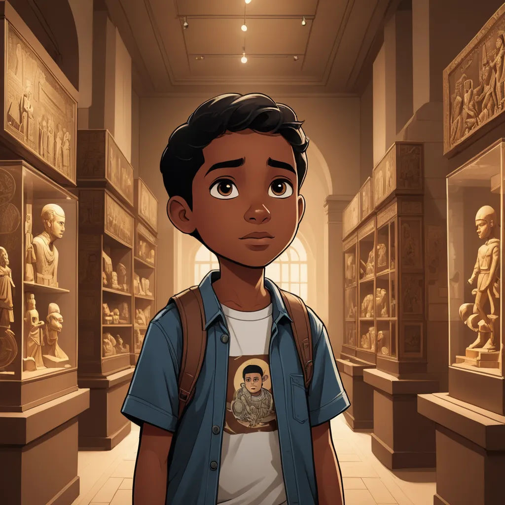 a boy in a museum looking at the camera with a backpack on his shoulder and a picture of a man on his chest, academic art, egyptian art, Everett Warner, official art