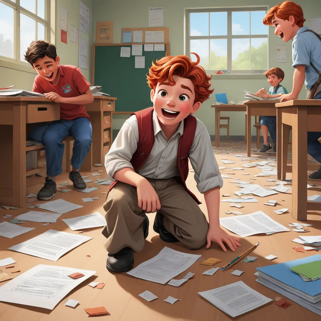 a boy is sitting on the floor surrounded by papers and papers scattered all over the floor and a boy is standing in the background, american scene painting, a storybook illustration, Aaron Jasinski, official art