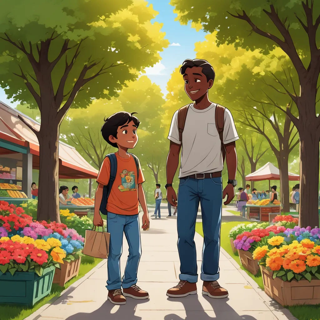 a man and a boy standing in front of a flower garden with flowers in the background and a man holding the hand of the boy, american scene painting, a storybook illustration, Eddie Mendoza, official art