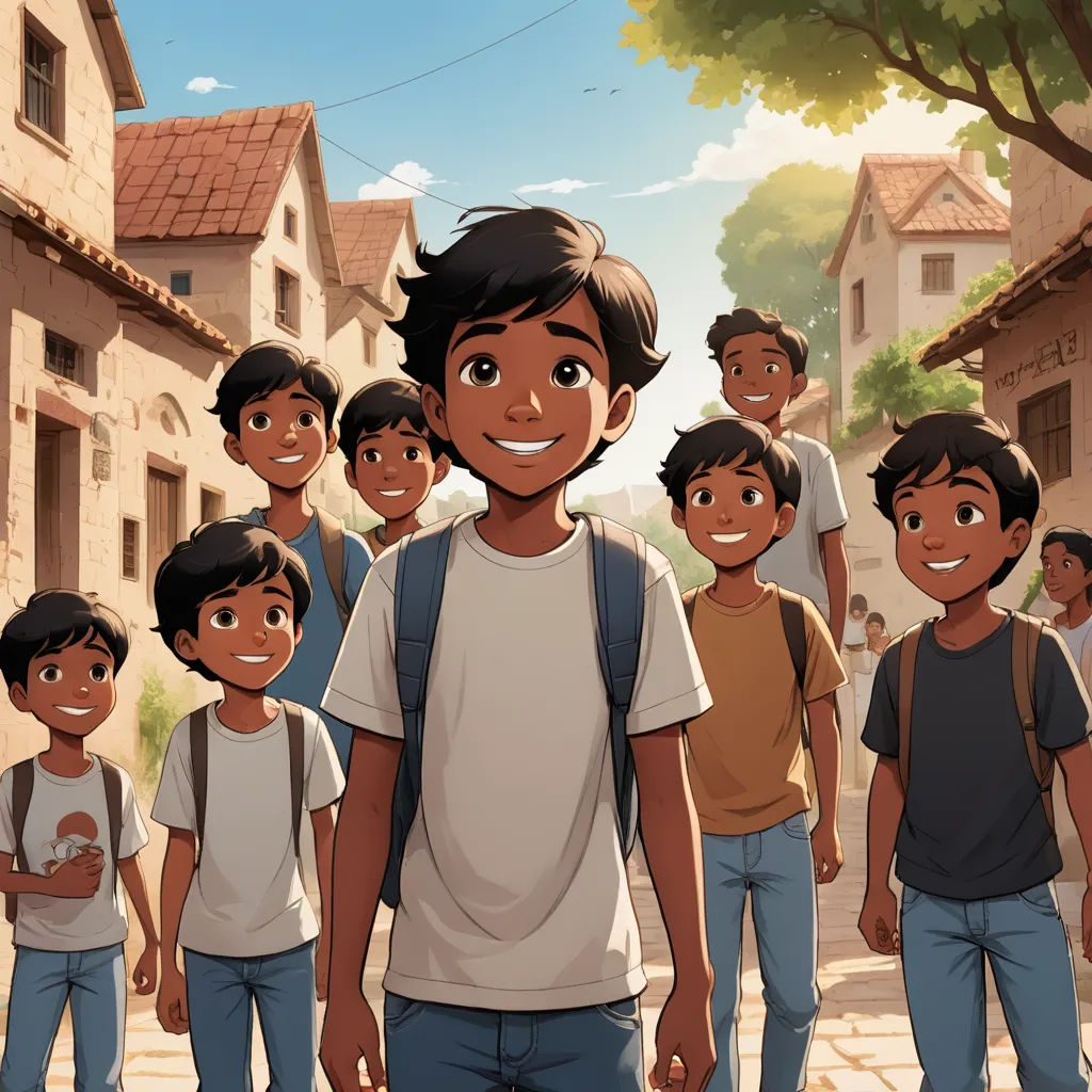 a cartoon of a boy standing in front of a group of boys in a village with a tree in the background, samikshavad, a storybook illustration, Alejandro Burdisio, official art