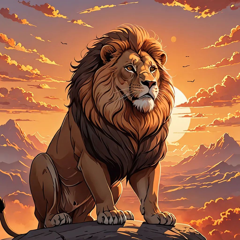 a lion sitting on a rock in front of a sunset with clouds and mountains in the background, with a full moon in the sky, fantasy art, a picture, Chris LaBrooy, majestic
