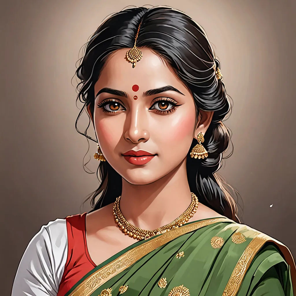 a woman in a green sari with a gold necklace and earrings on her neck and shoulder, with a brown background, samikshavad, a detailed painting, Ella Guru, detailed painting