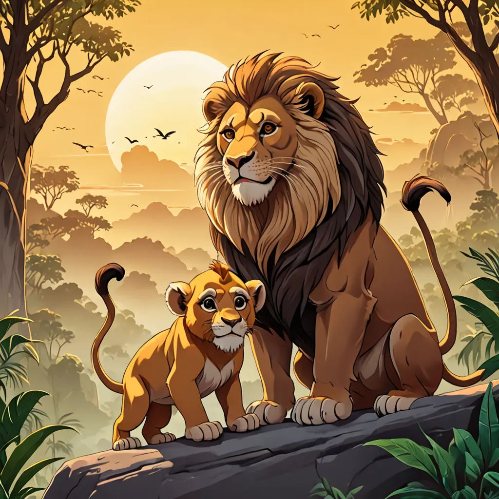 a lion and a cub sitting on a rock in the jungle with a sunset in the background and trees, sots art, poster art, Brothers Hildebrandt, official art