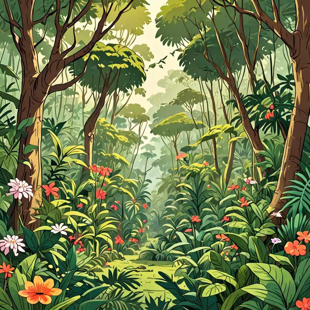 a painting of a tropical forest with flowers and trees on the ground and a path leading to the center of the picture, environmental art, a storybook illustration, Chris LaBrooy, jungle