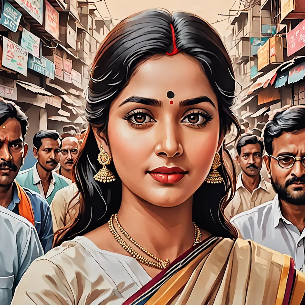 a painting of a woman in a crowd of people in india, with a man in the background looking at her, samikshavad, poster art, Ella Guru, maya