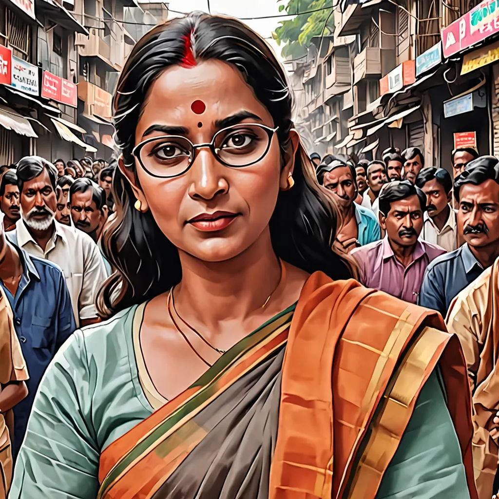 a painting of a woman in a crowd of people in india, with a red and white flag on her head, samikshavad, poster art, Ella Guru, highly detailed digital painting
