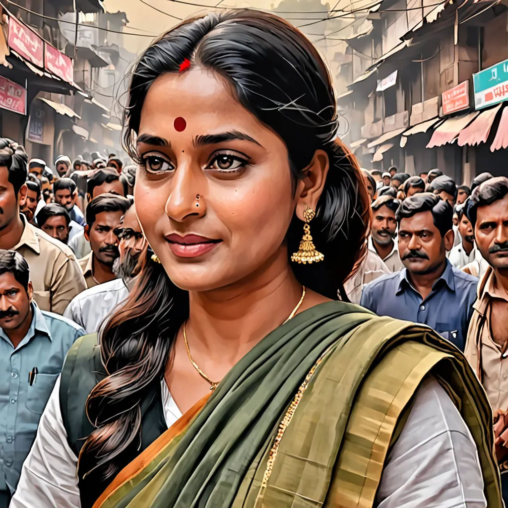 a woman in a sari standing in front of a crowd of people in india, with a man in the background, samikshavad, a detailed painting, Ella Guru, highly detailed digital painting