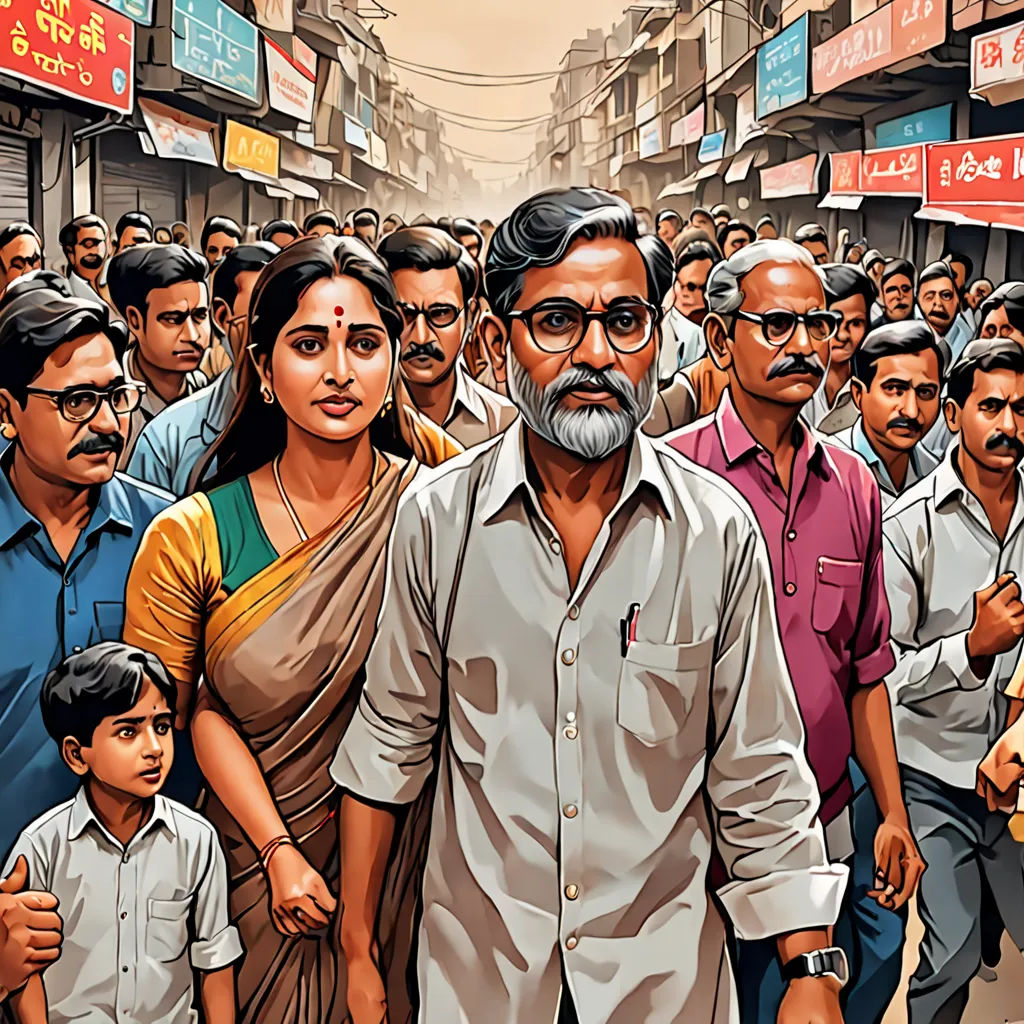 a man and woman walking down a crowded street with a crowd of people behind them in a city with signs, samikshavad, poster art, Ella Guru, movie poster