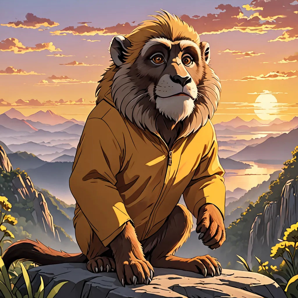 a cartoon of a monkey in a yellow jacket sitting on a rock in front of a mountain landscape with a sunset, furry art, a character portrait, Chris LaBrooy, official art