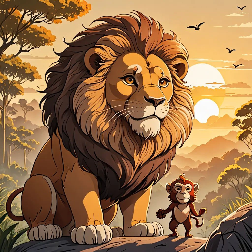 a lion and a monkey standing on a rock in the jungle at sunset with a bird flying overhead and a bird flying overhead, lyco art, a storybook illustration, Chris LaBrooy, official art