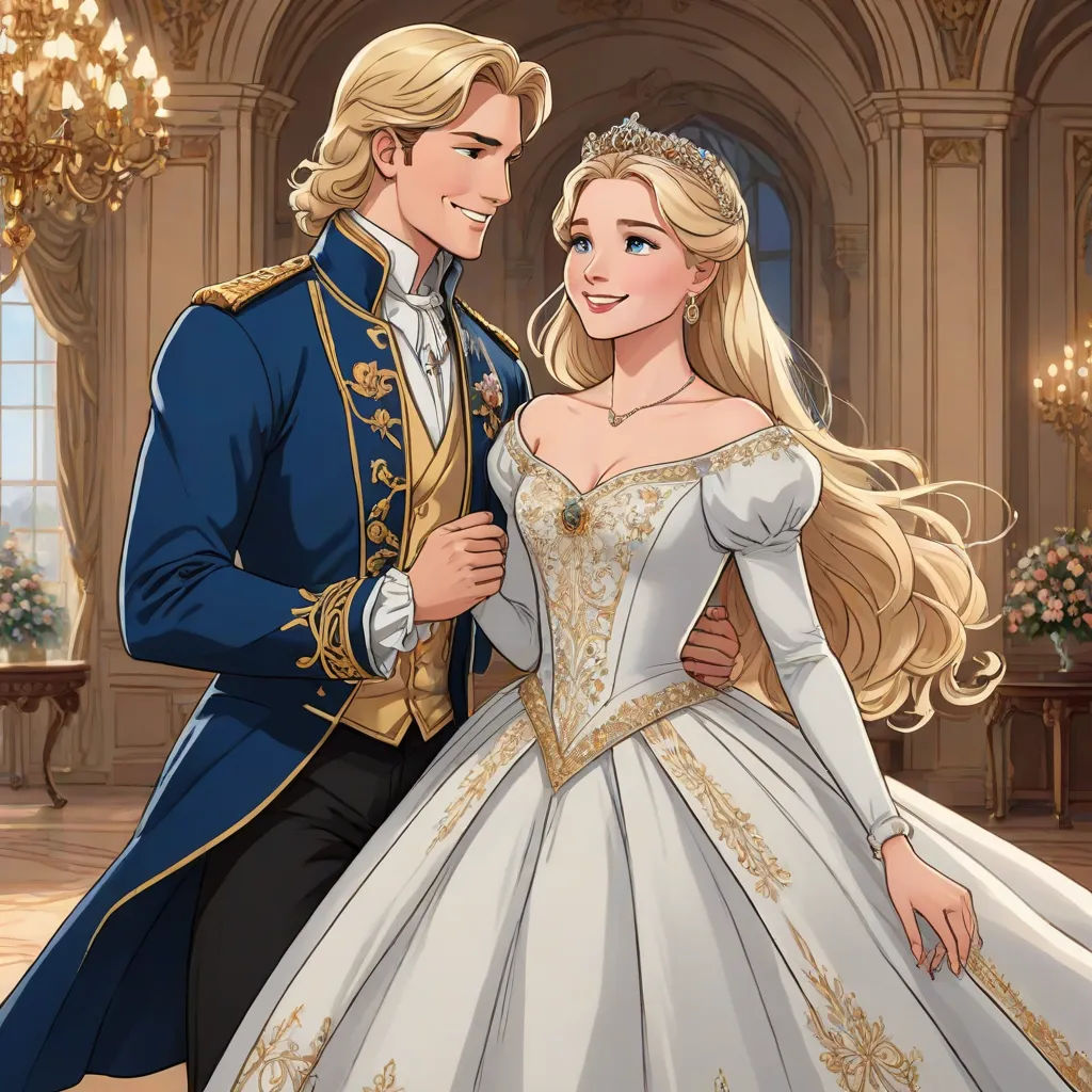 a man and woman dressed in formal clothing standing next to each other in a palace room with chandeliers, disney, remodernism, a storybook illustration, official art