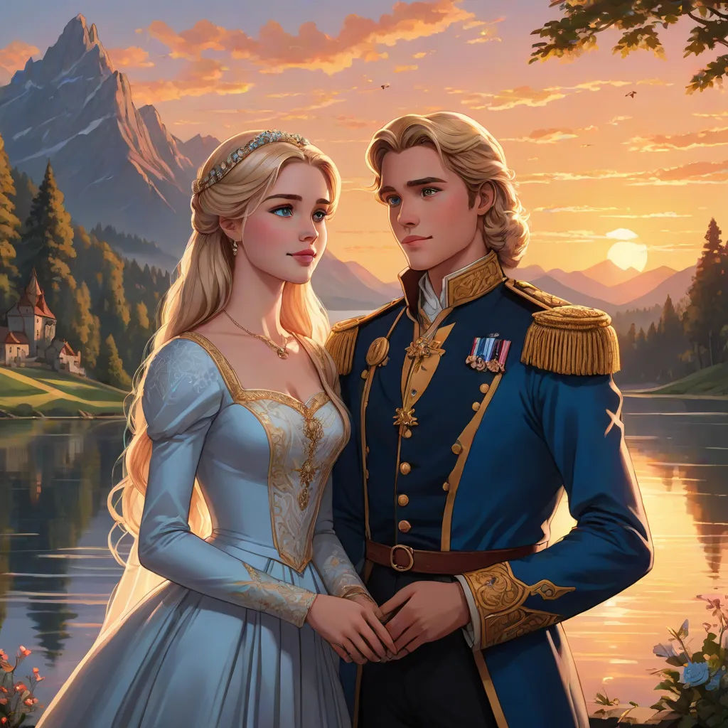 a painting of a couple dressed as princesses standing next to each other in front of a lake at sunset, disney, fantasy art, a storybook illustration, rossdraws global illumination