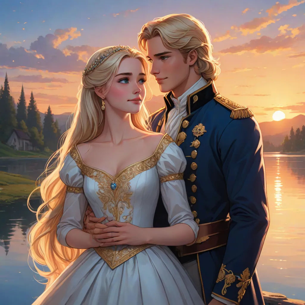 a painting of a couple dressed as a princess and prince standing next to each other in front of a lake, disney, fantasy art, a storybook illustration, rossdraws global illumination