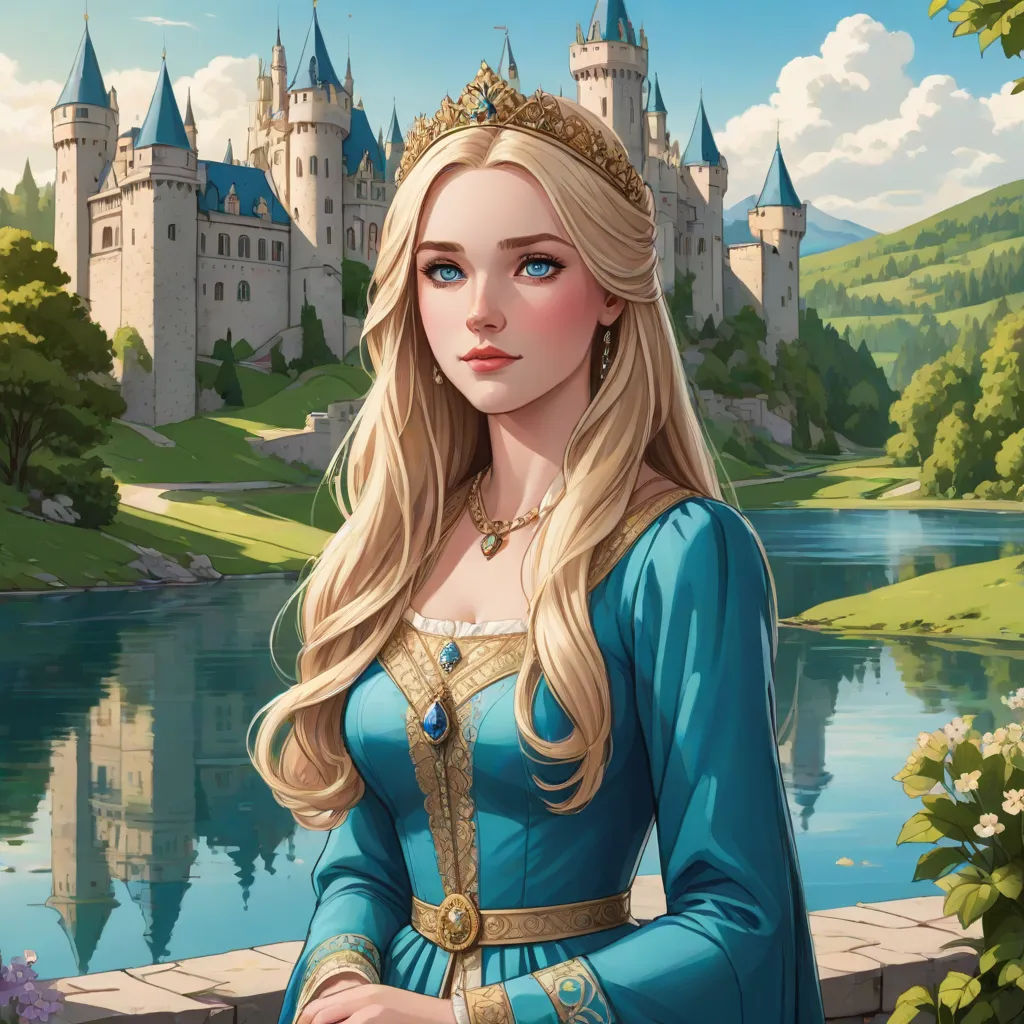 a beautiful blonde haired woman in a blue dress standing in front of a castle with a lake and flowers, Constance Copeman, fantasy art, a storybook illustration, fantasy artwork