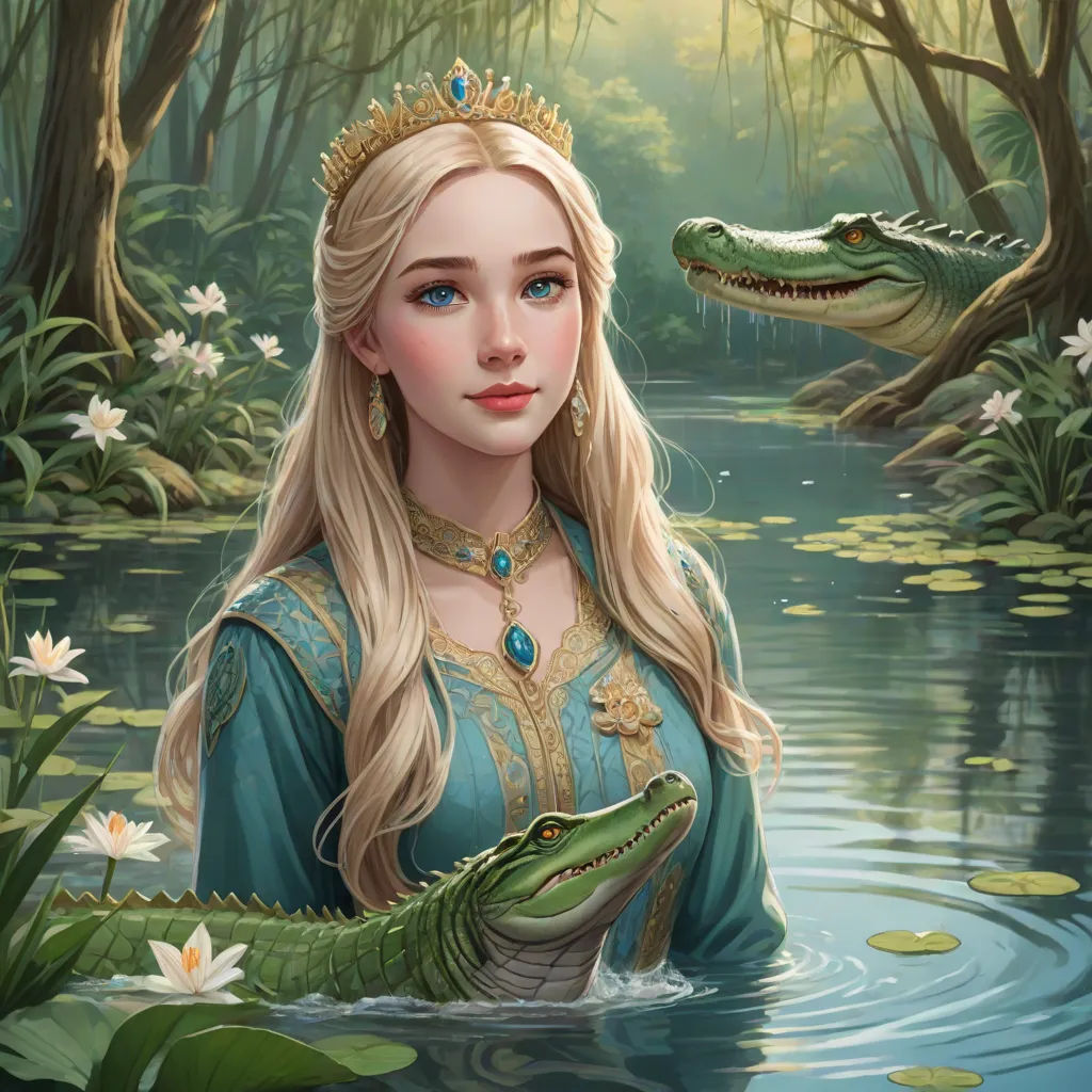 a painting of a woman in a blue dress holding a crocodile in a pond with lily pads and trees, Alice Prin, fantasy art, a storybook illustration, detailed painting