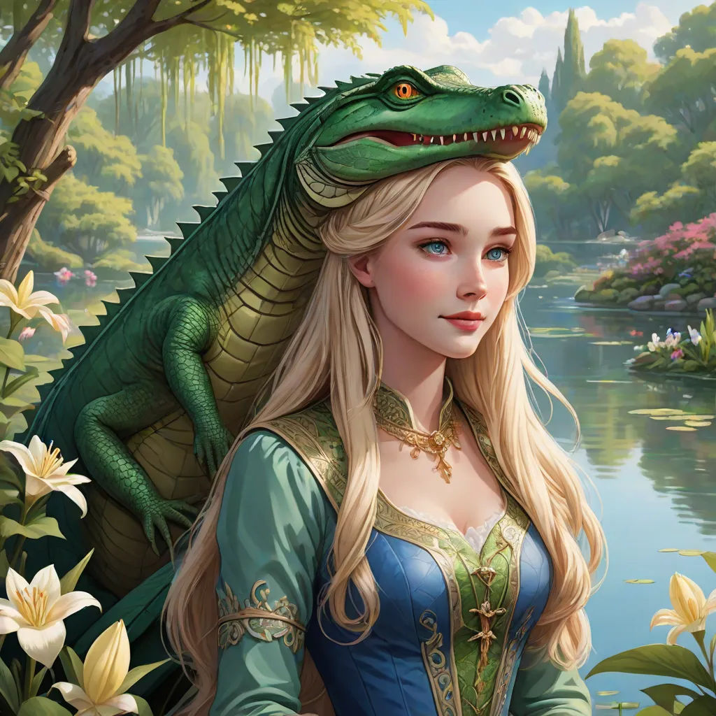 a woman in a green dress with a green alligator on her head and a green alligator on her shoulder, Anne Stokes, fantasy art, a detailed painting, fantasy artwork
