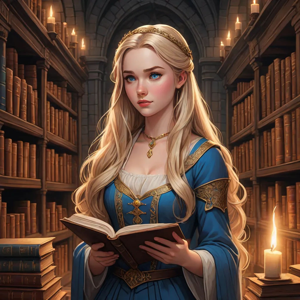 a woman in a blue dress is reading a book in a library with candles in the background and a bookcase full of books, Charlie Bowater, fantasy art, a storybook illustration, fantasy illustration