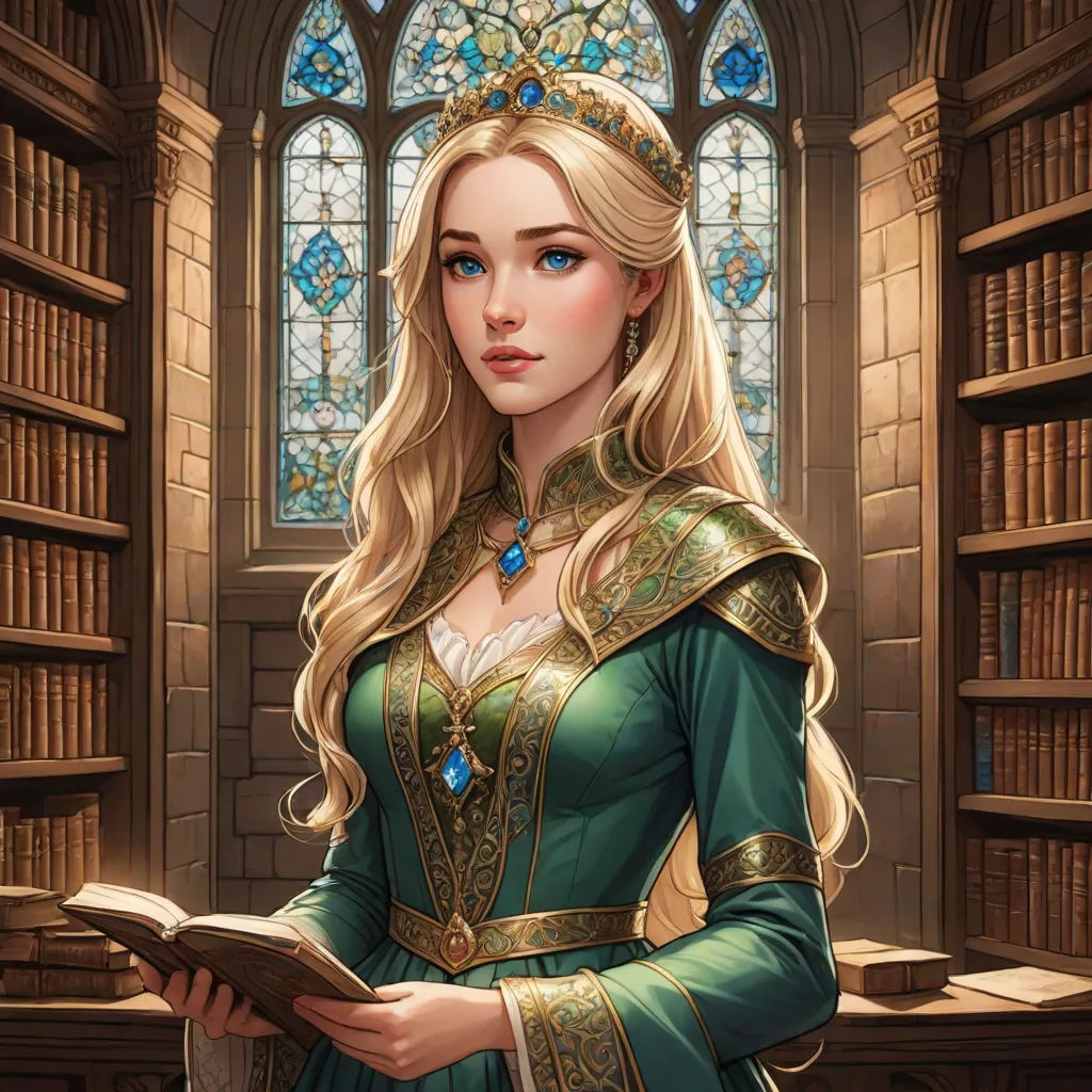 a woman in a green dress holding a book in a library with a stained glass window behind her and a stained glass window behind her, Charlie Bowater, fantasy art, a storybook illustration, epic fantasy character art