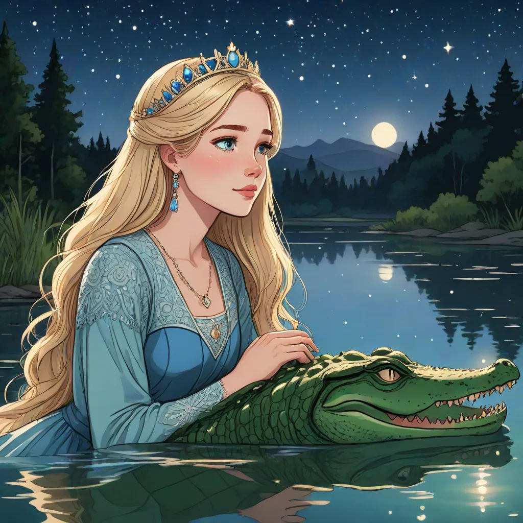a woman in a blue dress sitting on a crocodile in the water at night with a moon and stars in the sky, Clarice Beckett, fantasy art, a storybook illustration, storybook illustration