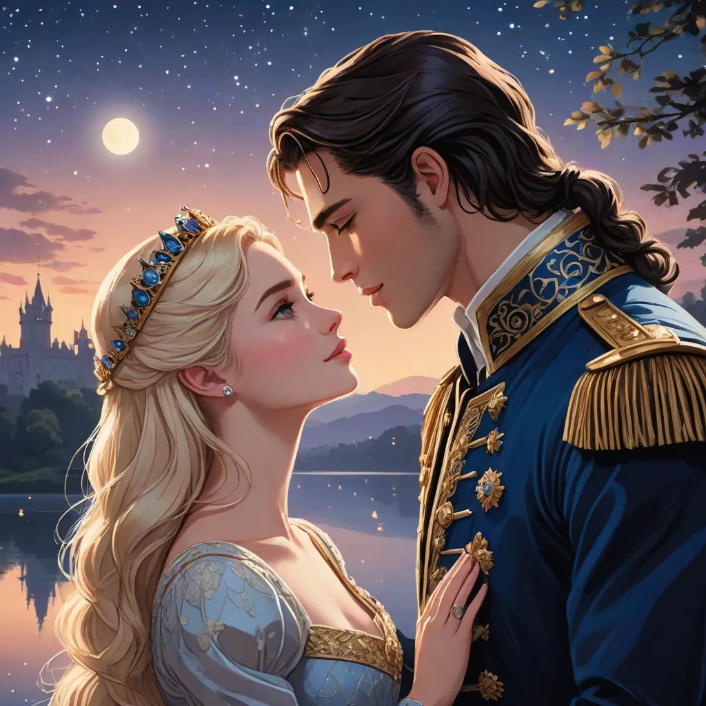 a man and a woman are standing next to each other in front of a lake and a castle at night, Edwin Georgi, fantasy art, a storybook illustration, rossdraws global illumination