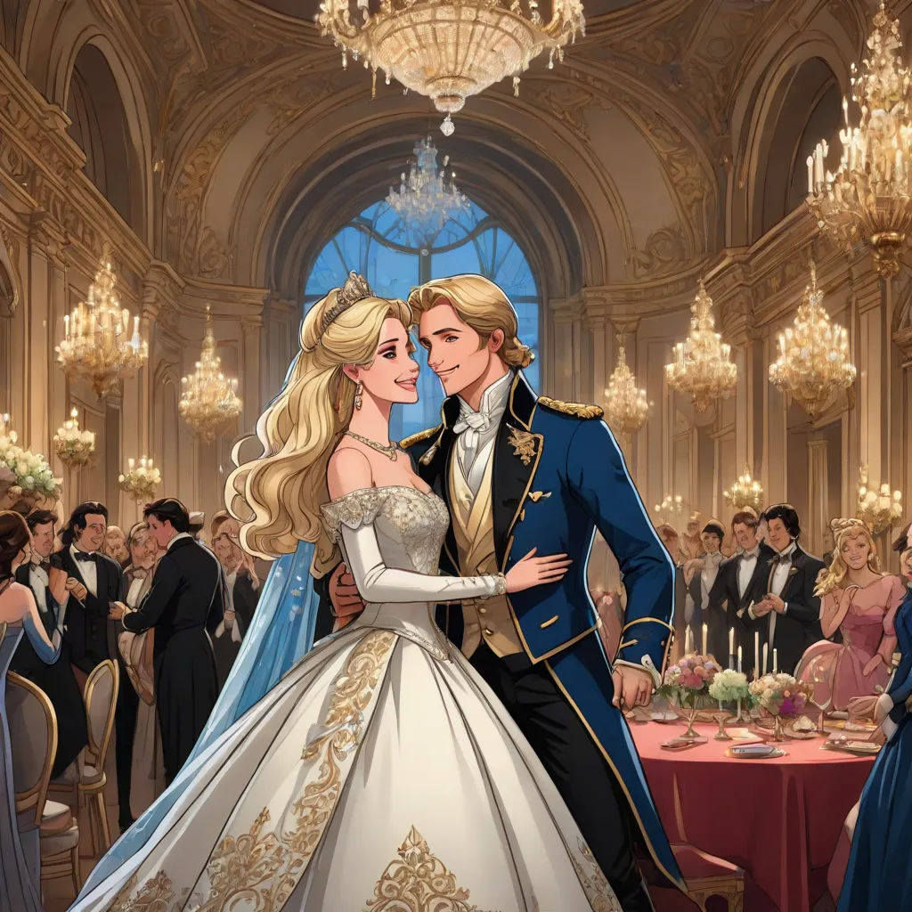 a cartoon of a couple dressed in formal wear kissing in a ballroom with chandeliers and chandeliers, disney, magical realism, a storybook illustration, official art