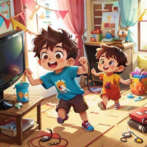 a boy and a girl playing in a room with a tv and toys on the floor and a teddy bear