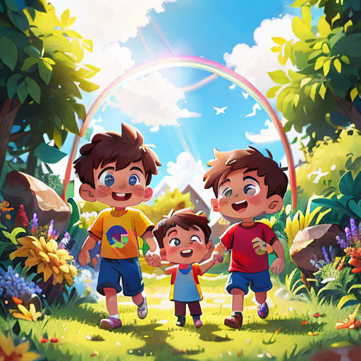 a group of children standing in a forest with a rainbow in the background and a rainbow in the sky