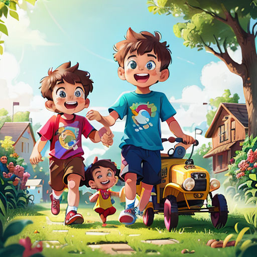 a couple of kids are walking with a small car in the grass near a tree and a house with a yellow car